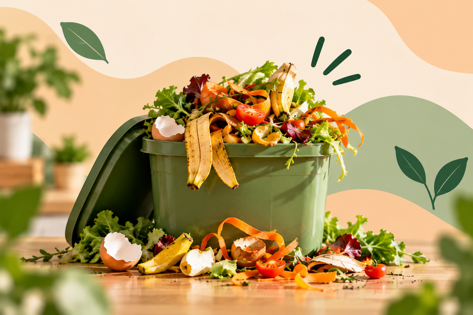 Compost bin overflowing with wasted fruit and vegetable scraps