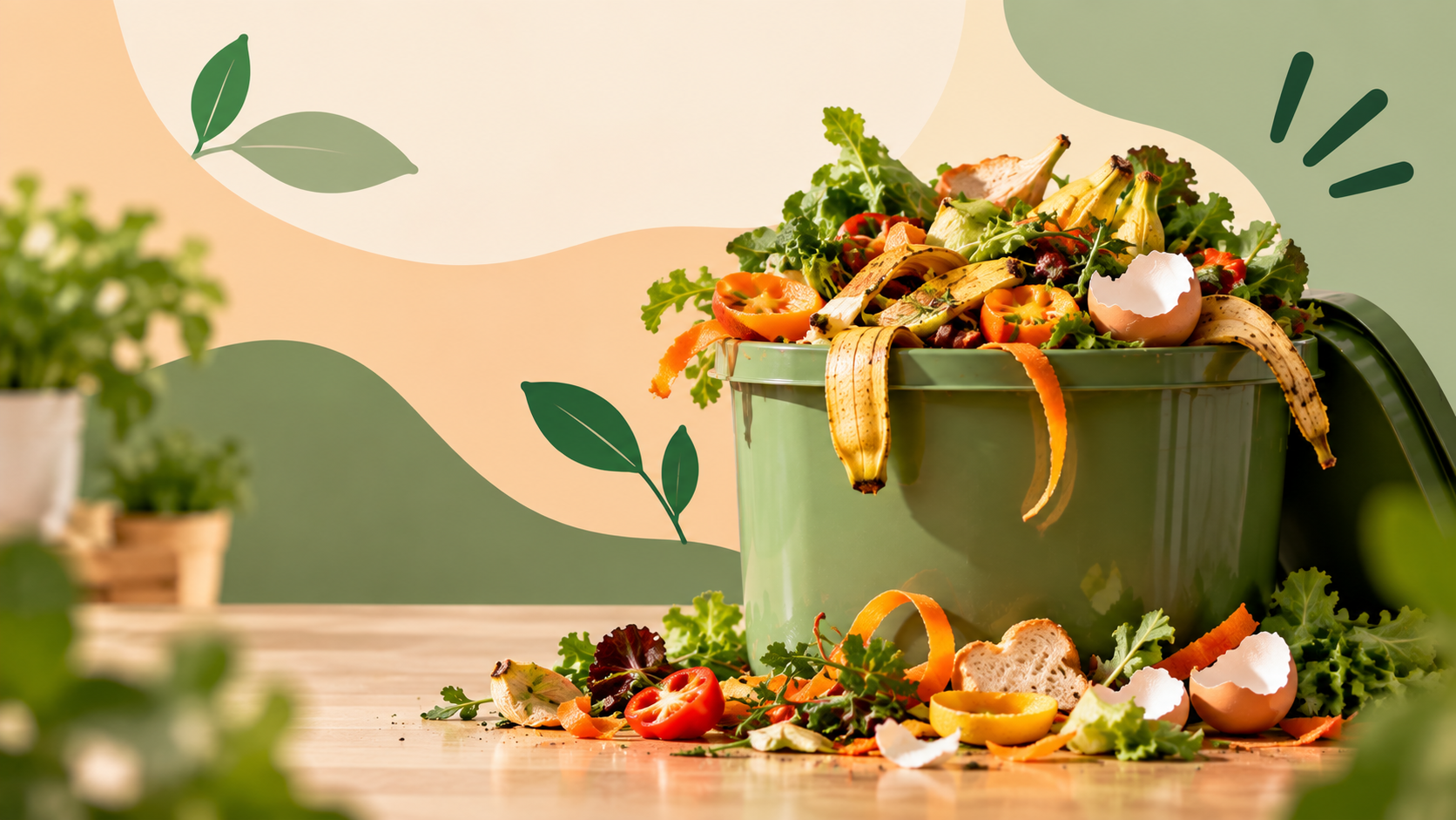 Vegetable scraps and spoiled produce discarded in a compost bin at home