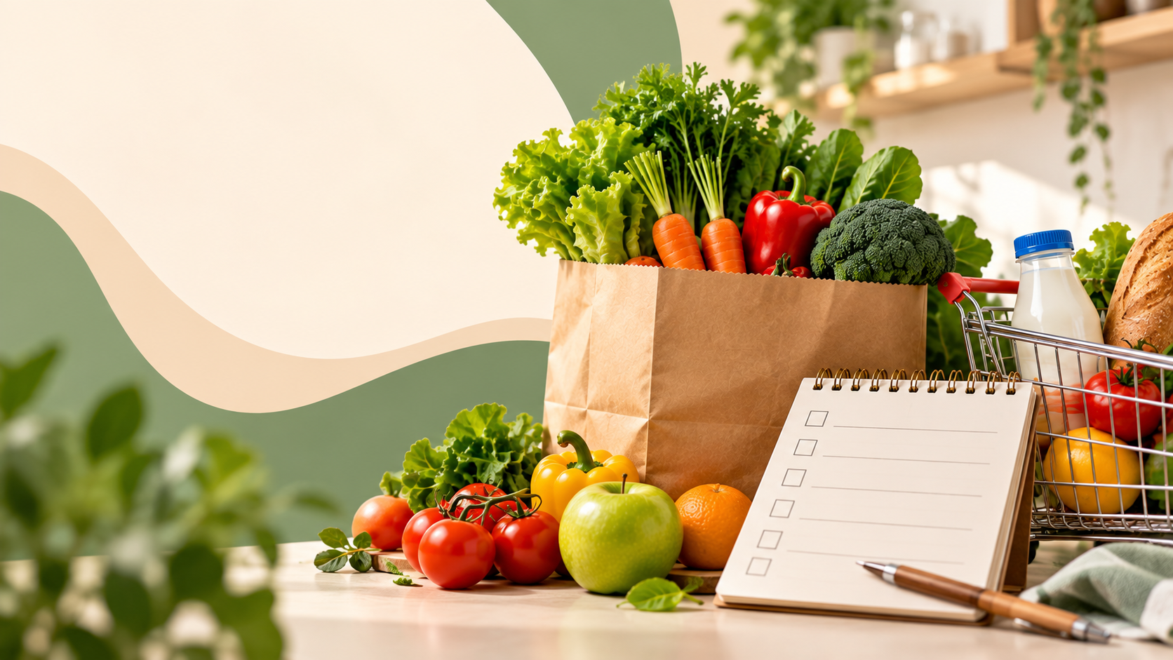 Fresh groceries and shopping cart in a kitchen while planning a budget