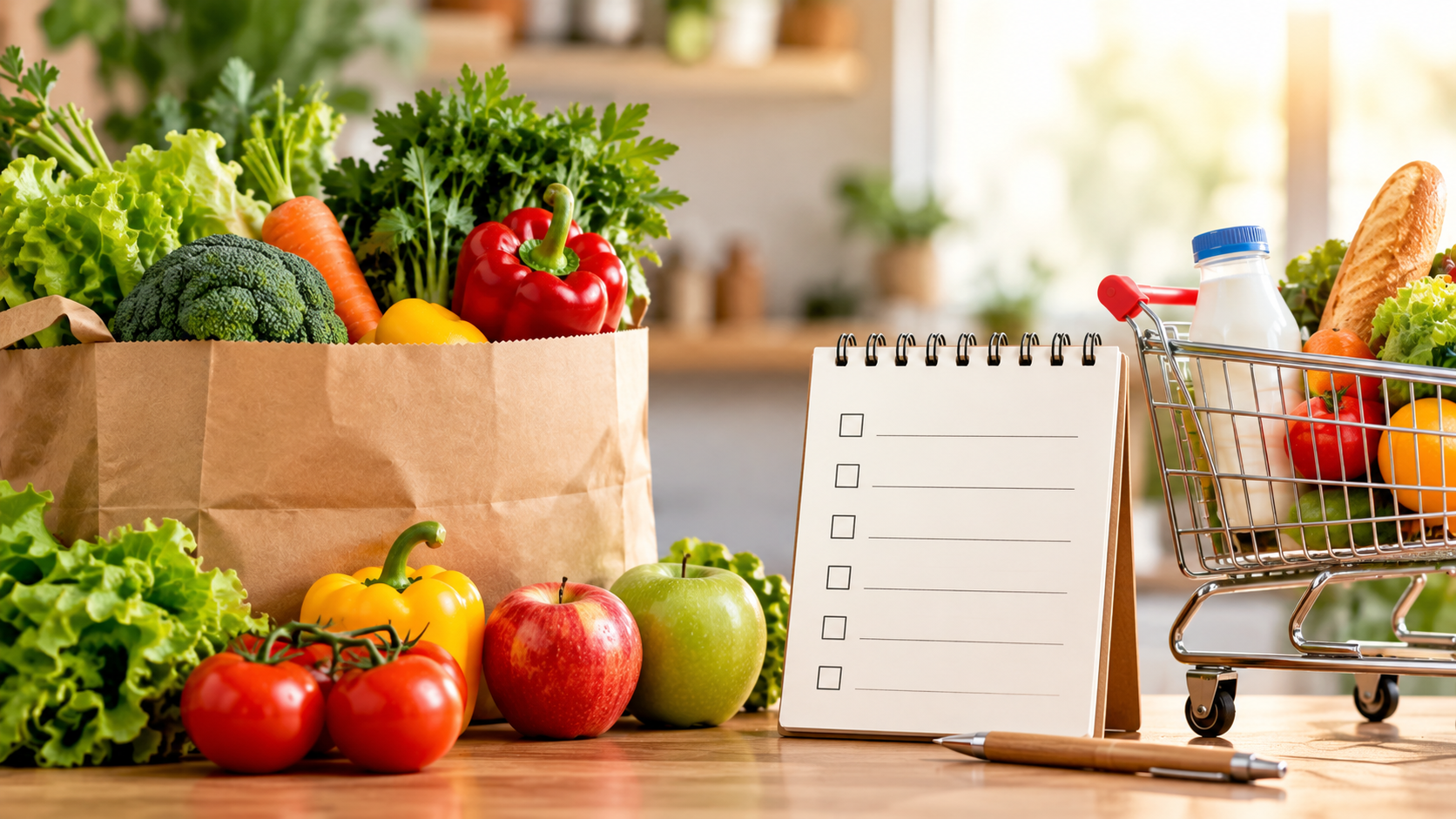 Grocery bag full of fresh vegetables next to a blank shopping checklist