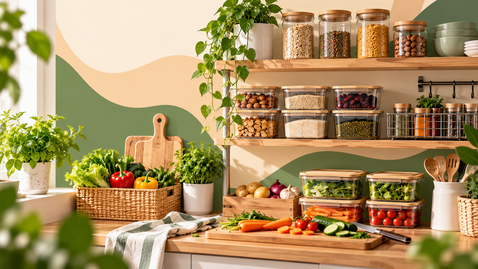 Organized kitchen shelves with labeled jars, containers, and fresh produce