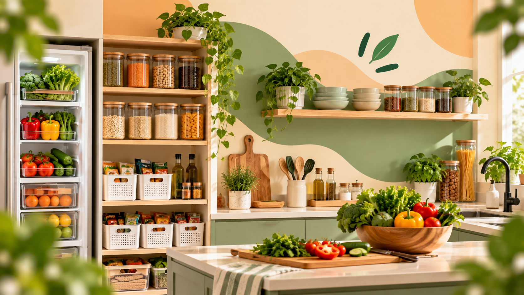 Organized fridge and pantry shelves with fresh produce and labeled storage