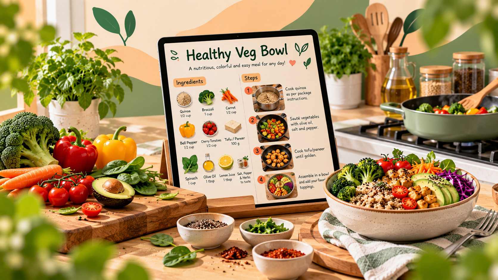 Tablet showing a healthy veg bowl recipe card with ingredients and steps