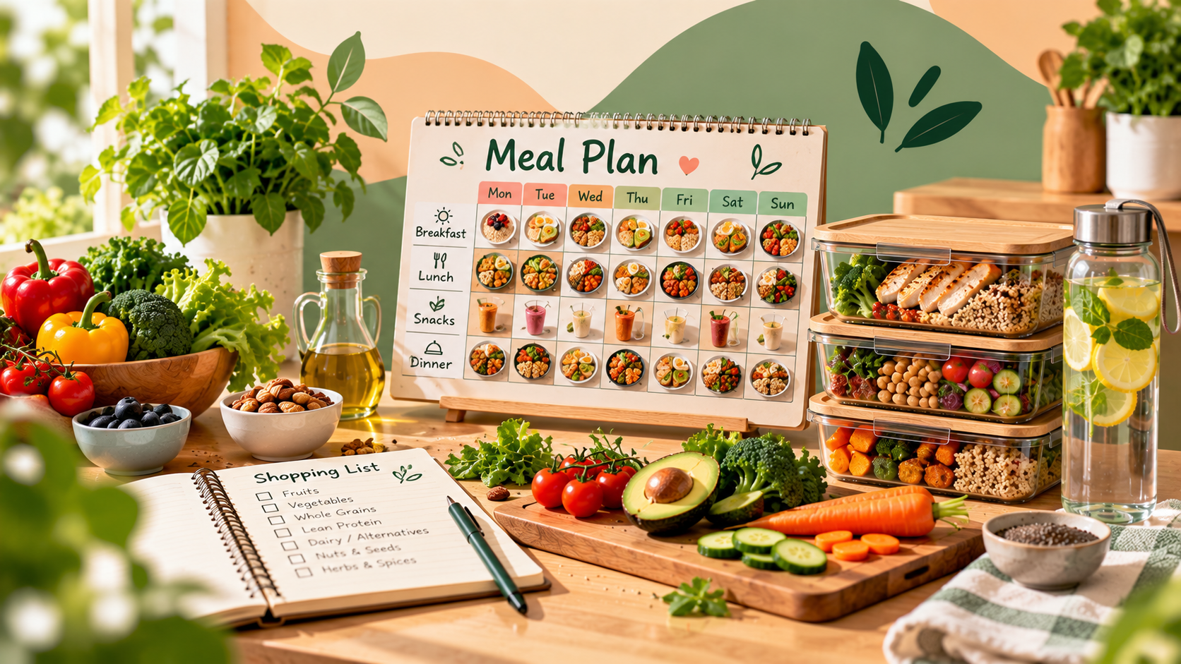 Weekly meal plan calendar with shopping list and prepared meal containers