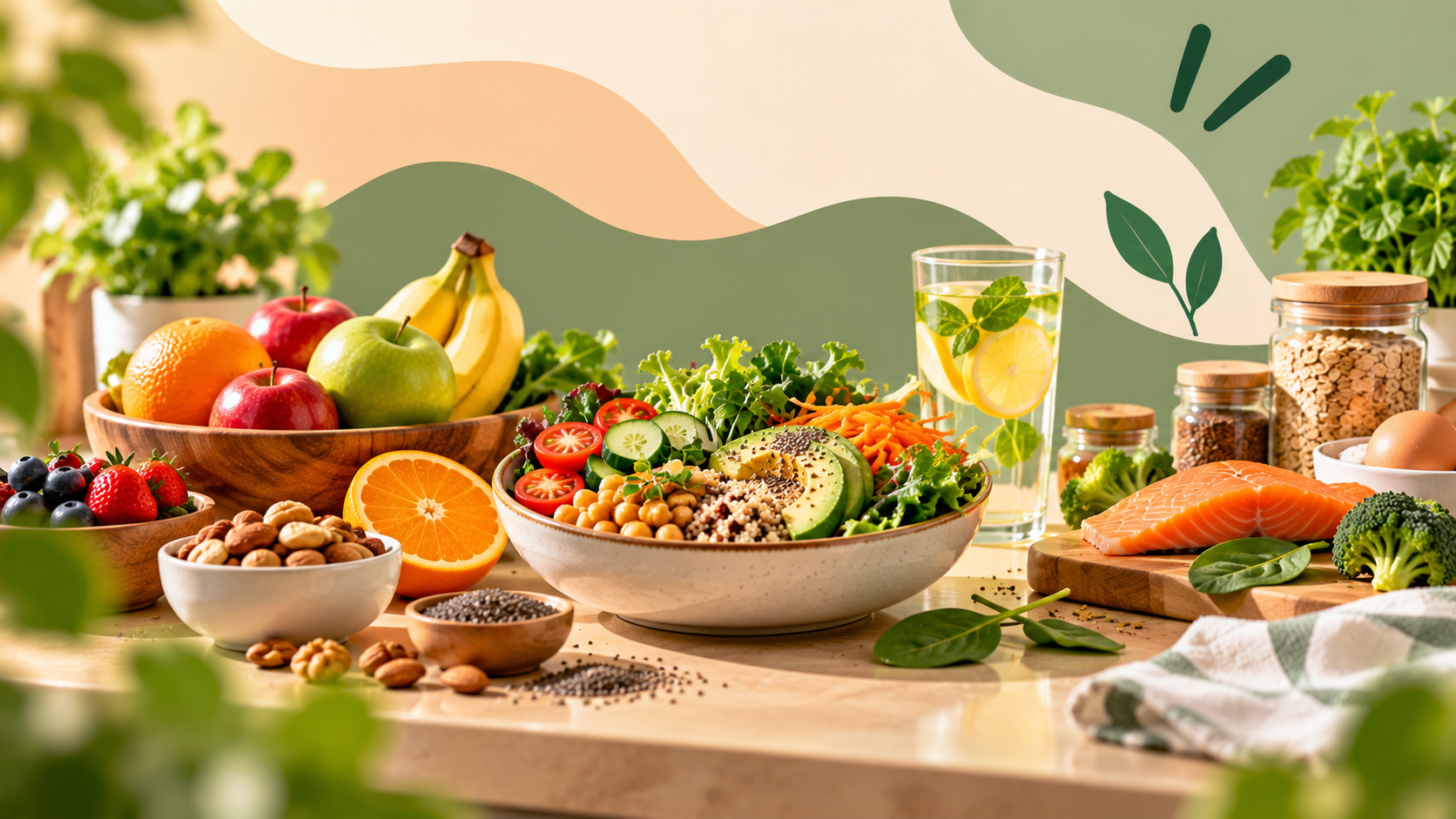 Fresh fruits, nuts, and a healthy grain bowl with infused water on a kitchen counter