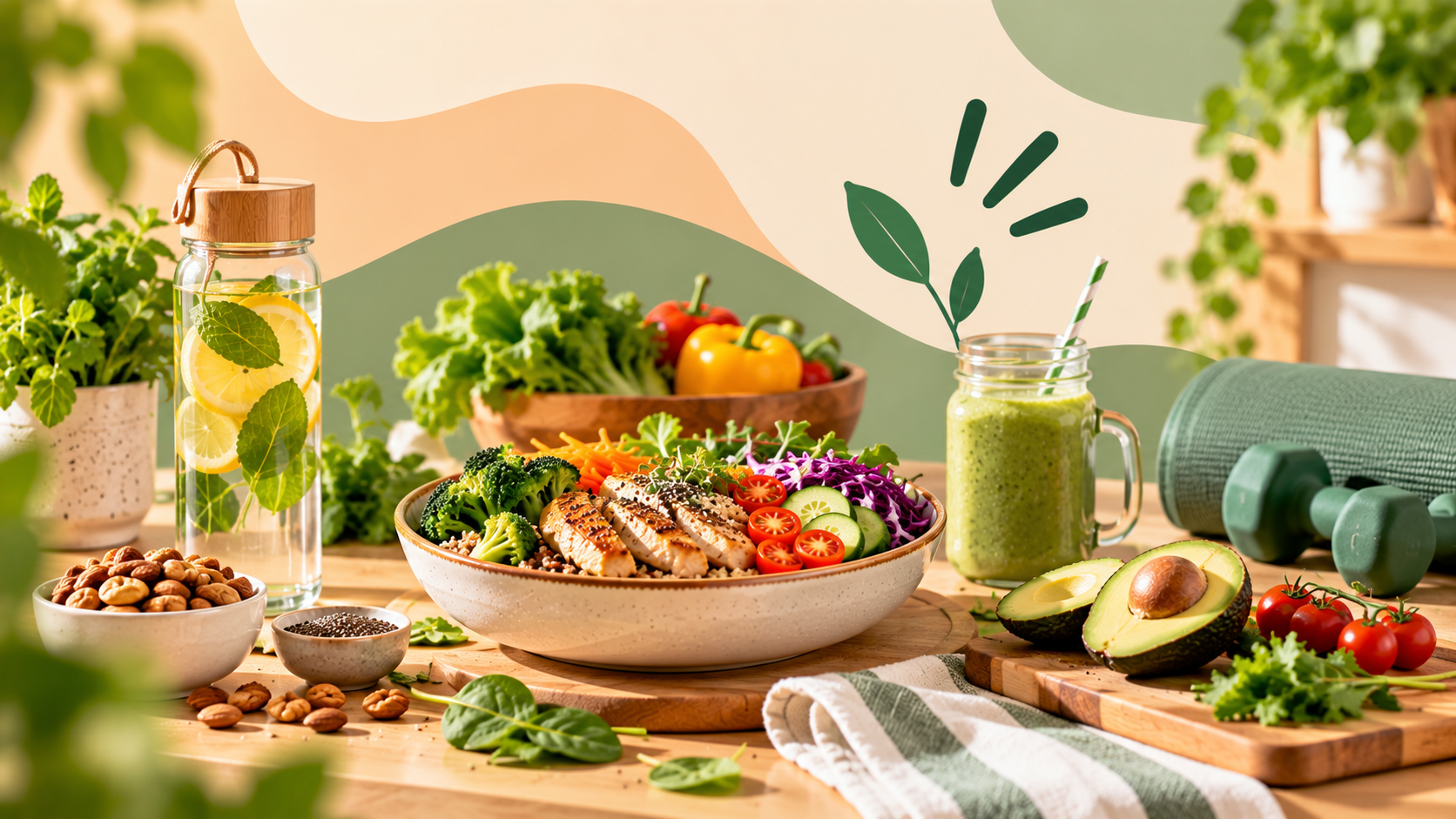 Healthy grilled chicken salad bowl with a green smoothie and fitness gear